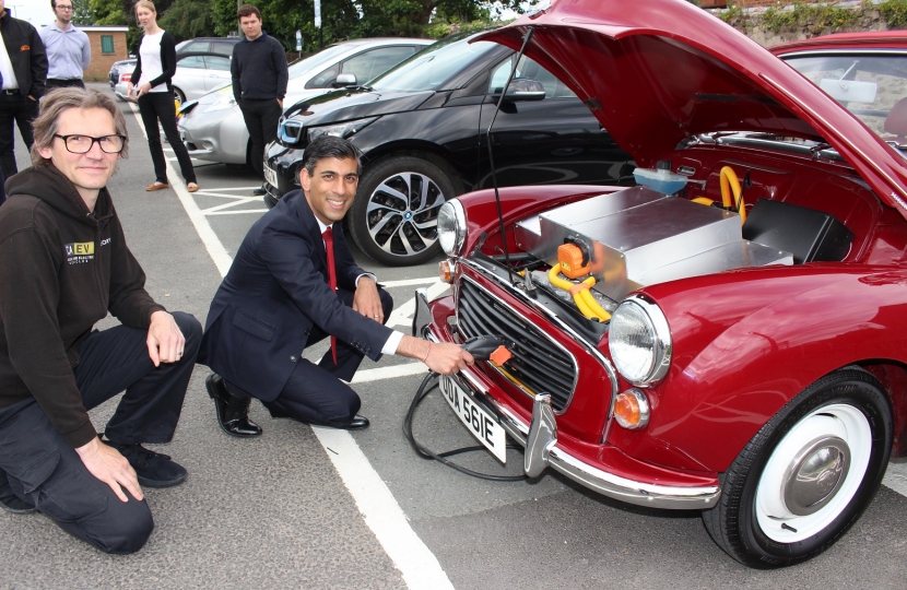 Rishi Sunak with the Bedale electric vehicle charging bollard